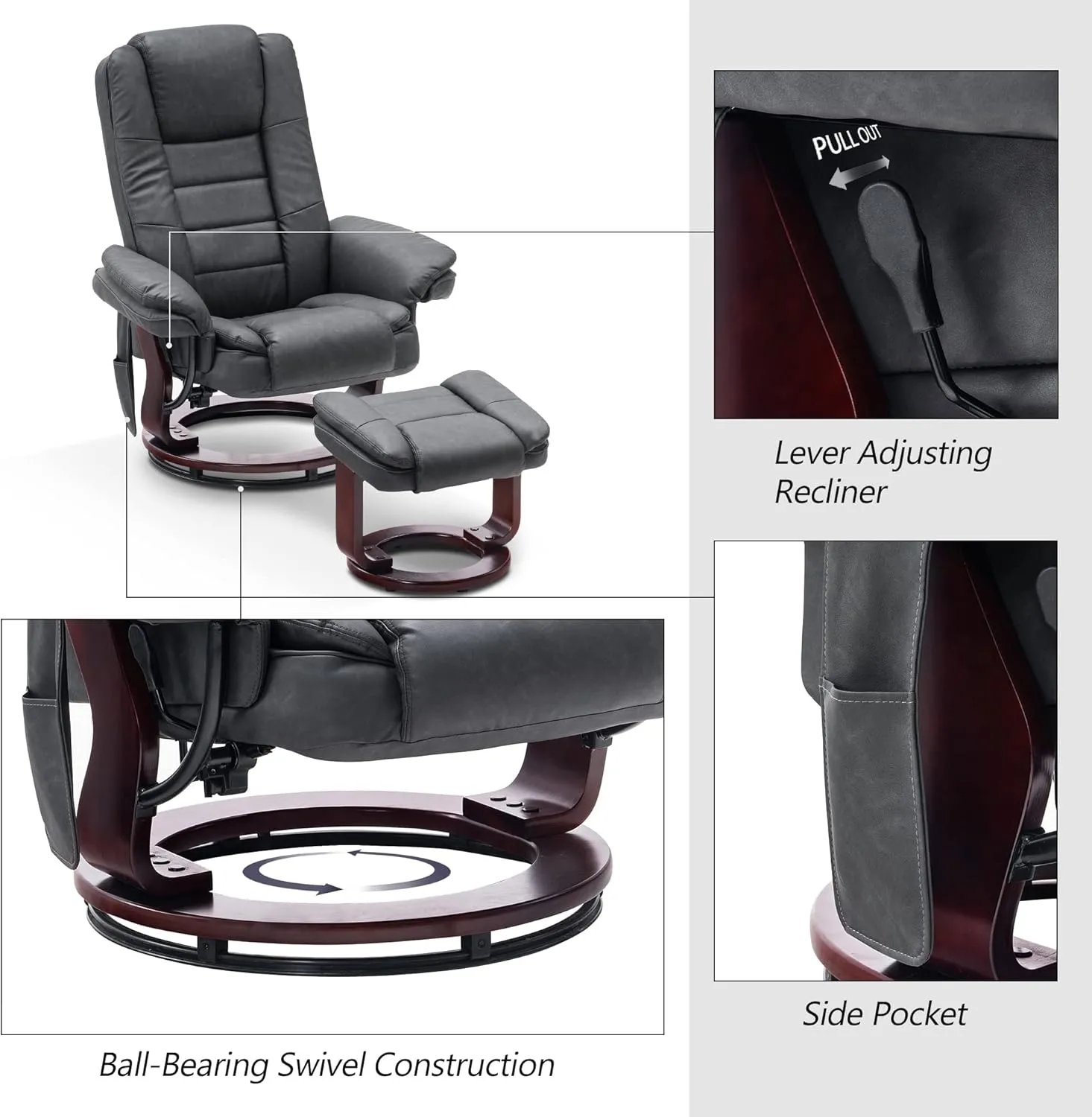 MCombo Swivel Recliner with Ottoman Chair, TV Chair Sets with Vibration Massage, for Small Space Living Room Bedroom 9096 9099 (Faux Leather, Dark Grey)