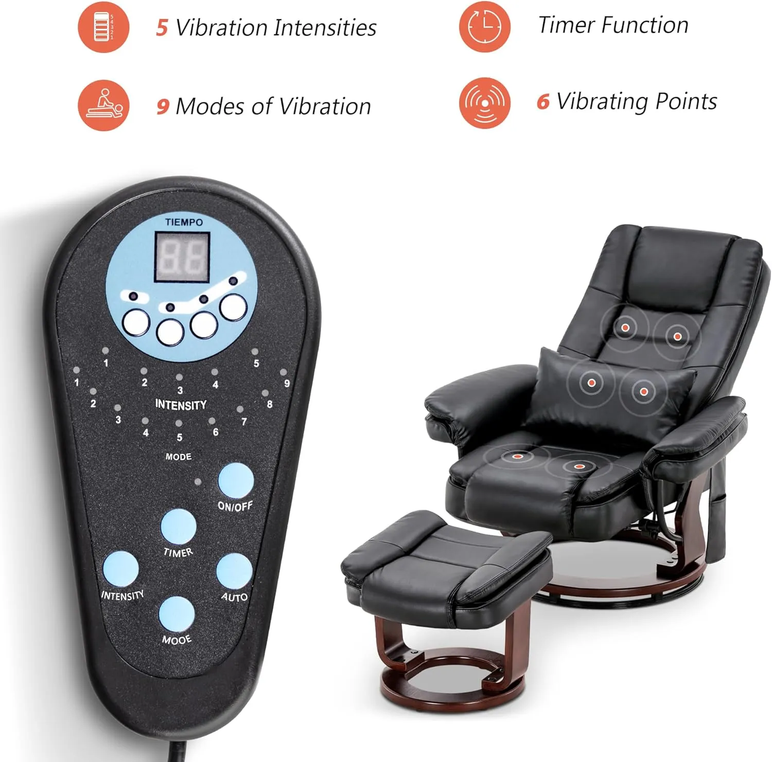 MCombo Swivel Recliner with Ottoman, TV Chair Sets with Vibration Massage, for Small Space Living Room Bedroom 9096 (Faux Leather, Black)