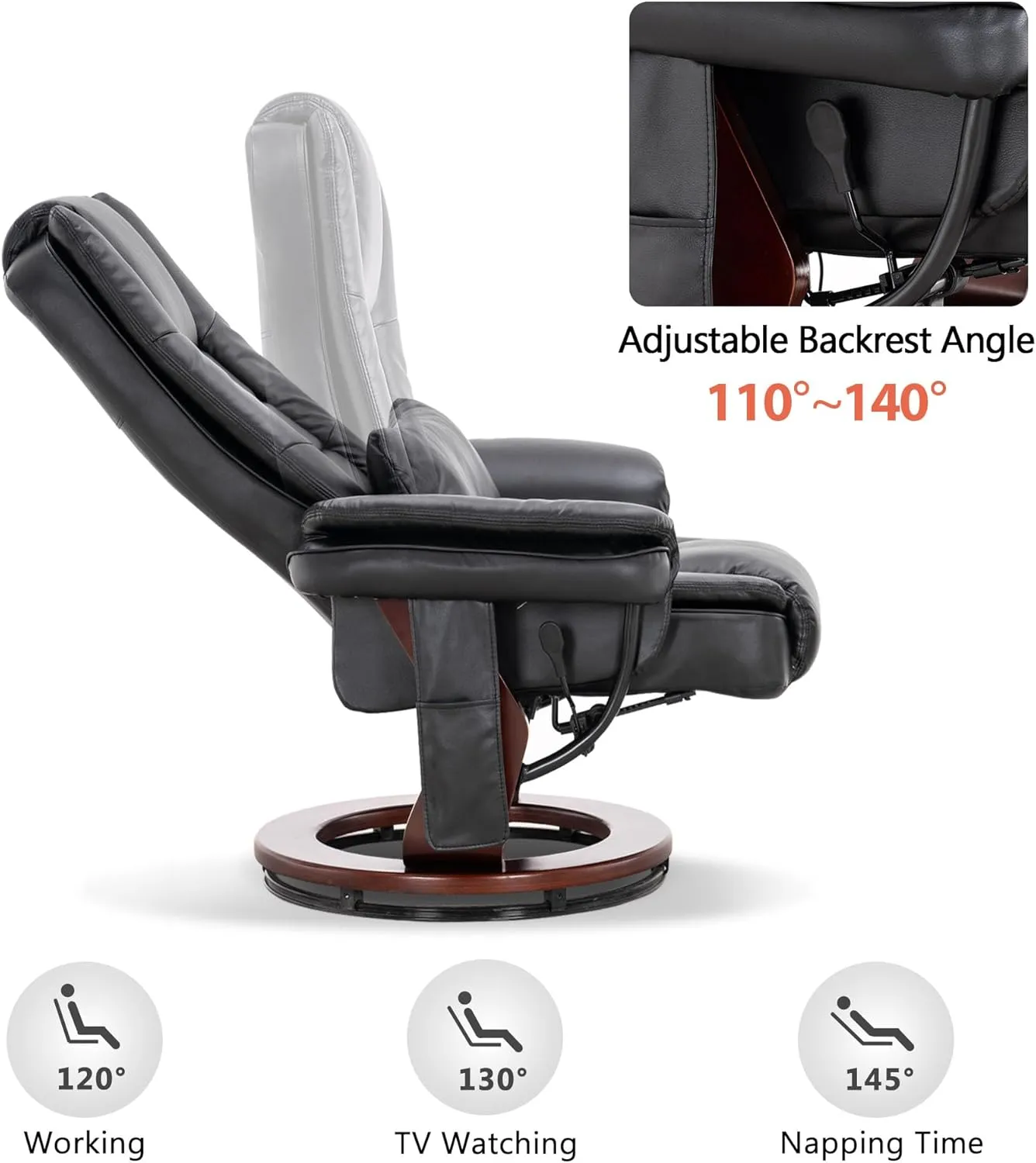 MCombo Swivel Recliner with Ottoman, TV Chair Sets with Vibration Massage, for Small Space Living Room Bedroom 9096 (Faux Leather, Black)