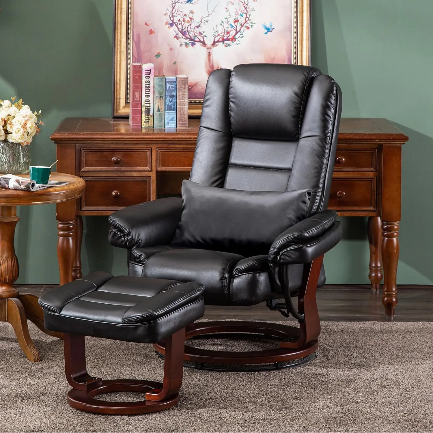 MCombo Swivel Recliner with Ottoman, TV Chair Sets with Vibration Massage, for Small Space Living Room Bedroom 9096 (Faux Leather, Black)