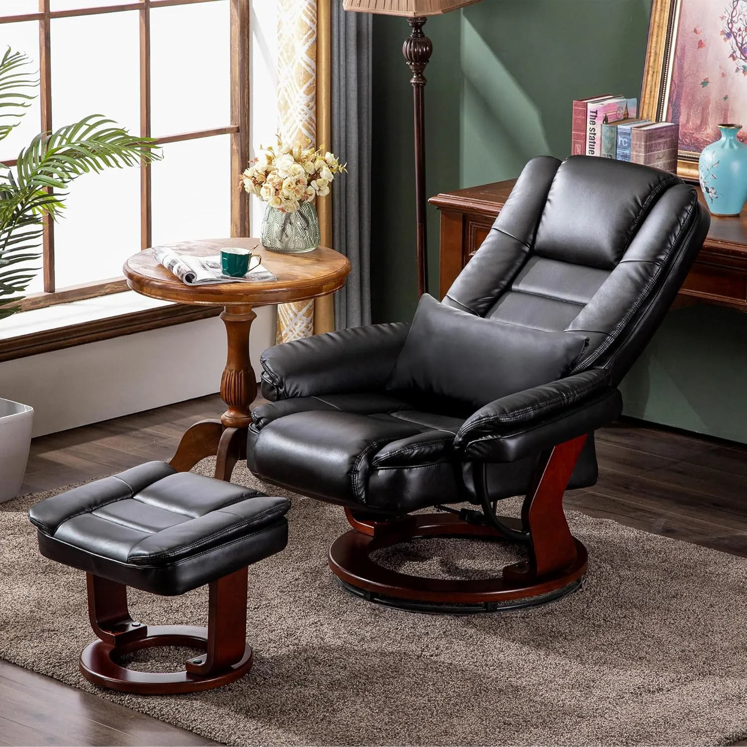 MCombo Swivel Recliner with Ottoman, TV Chair Sets with Vibration Massage, for Small Space Living Room Bedroom 9096 (Faux Leather, Black)