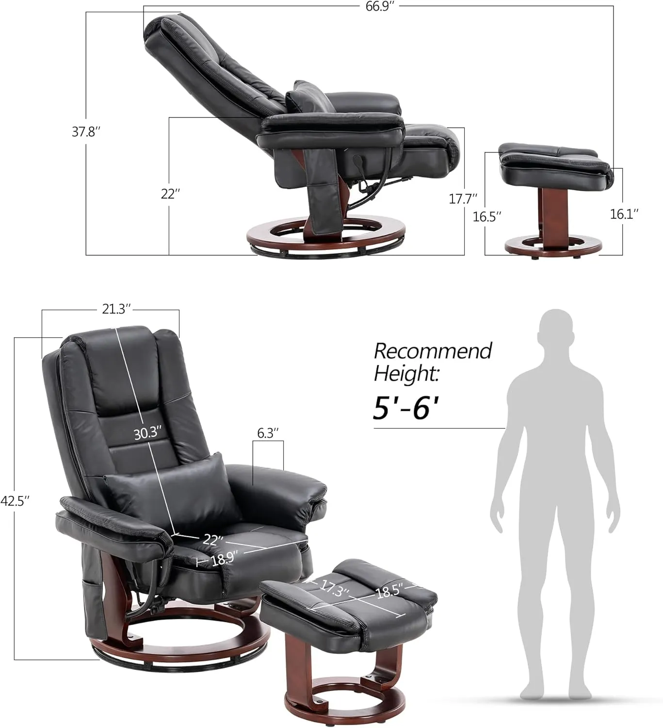 MCombo Swivel Recliner with Ottoman, TV Chair Sets with Vibration Massage, for Small Space Living Room Bedroom 9096 (Faux Leather, Black)