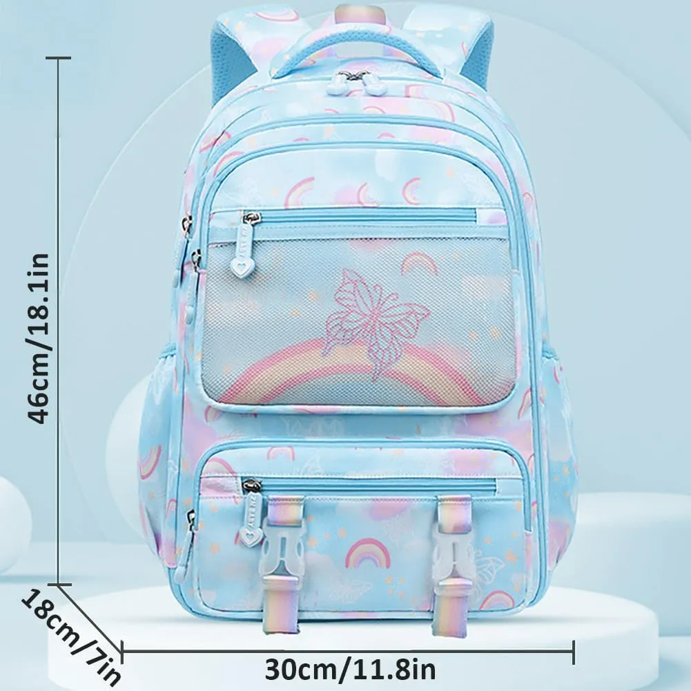 MCWTH School Backpack for Girls, Lightweight Waterproof Cute Butterfly School Bookbag for Teen Kids Students Elementary (Butterfly Blue)