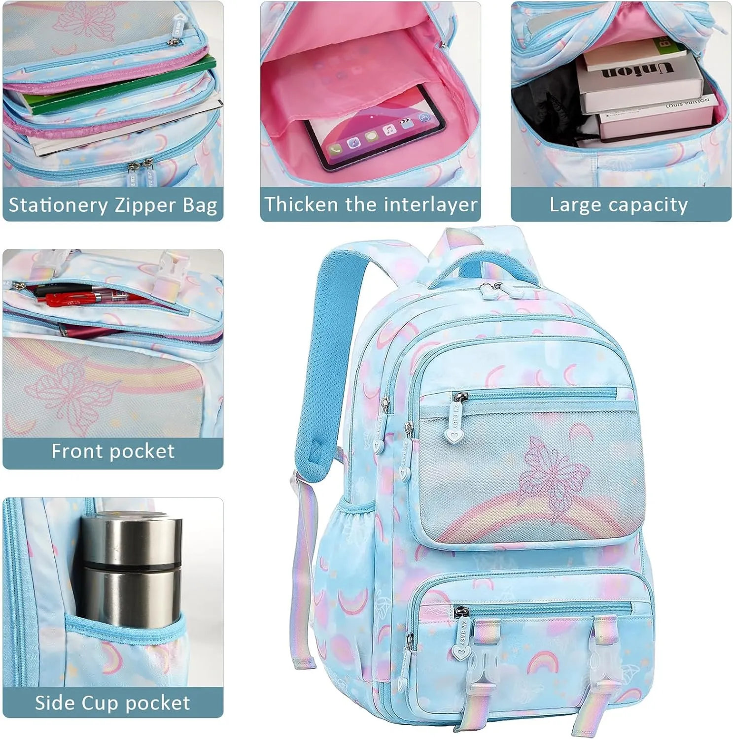 MCWTH School Backpack for Girls, Lightweight Waterproof Cute Butterfly School Bookbag for Teen Kids Students Elementary (Butterfly Blue)