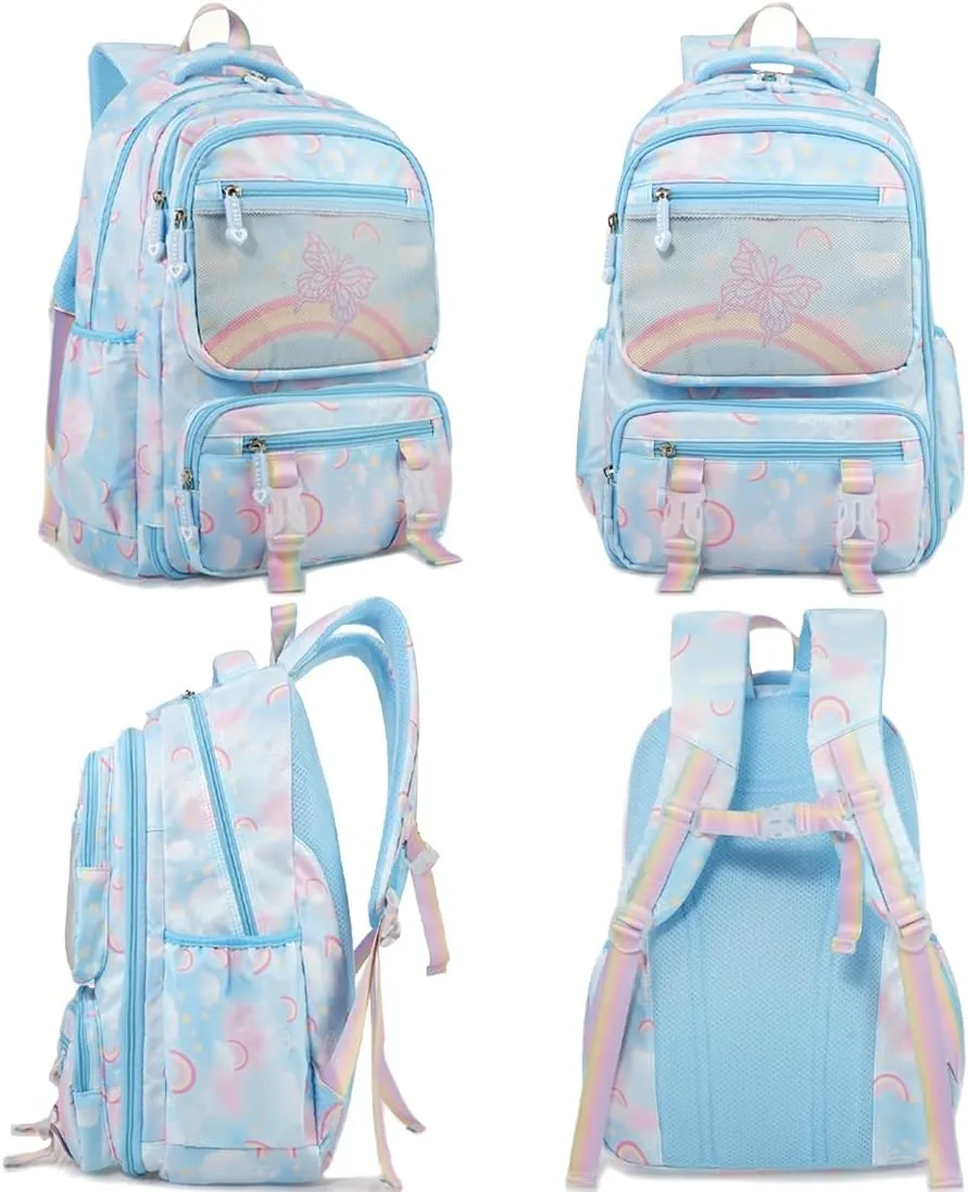 MCWTH School Backpack for Girls, Lightweight Waterproof Cute Butterfly School Bookbag for Teen Kids Students Elementary (Butterfly Blue)
