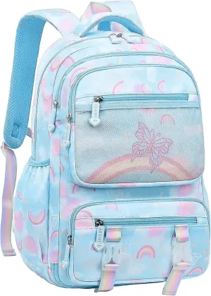 MCWTH School Backpack for Girls, Lightweight Waterproof Cute Butterfly School Bookbag for Teen Kids Students Elementary (Butterfly Blue)