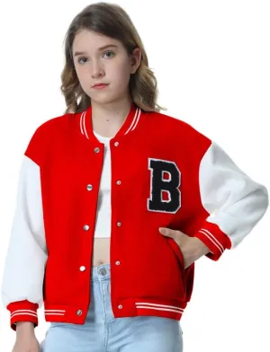 Mebius Girls Varsity Jacket Kids Tweed Letterman Baseball Outerwear Stripe Trim Contrast Sleeve School Coats