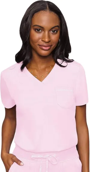 Med Couture Women's V-Neck Scrub Top, Modern Fit Tuck-in Top with Stretchy Rib-Knit Shoulders and Chest Pocket - MC7448