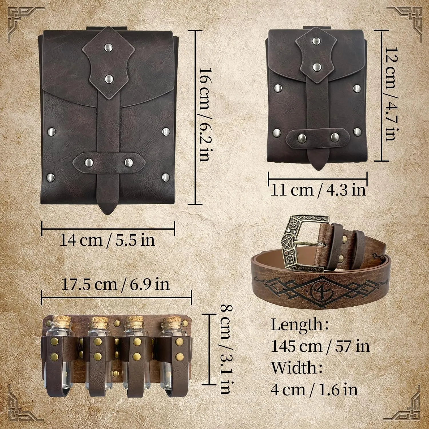 Medieval Alchemy Belt Waist Pack Combo with Multiple Potion Bottles, Viking Rivet Belt Side Pouch for Cosplay