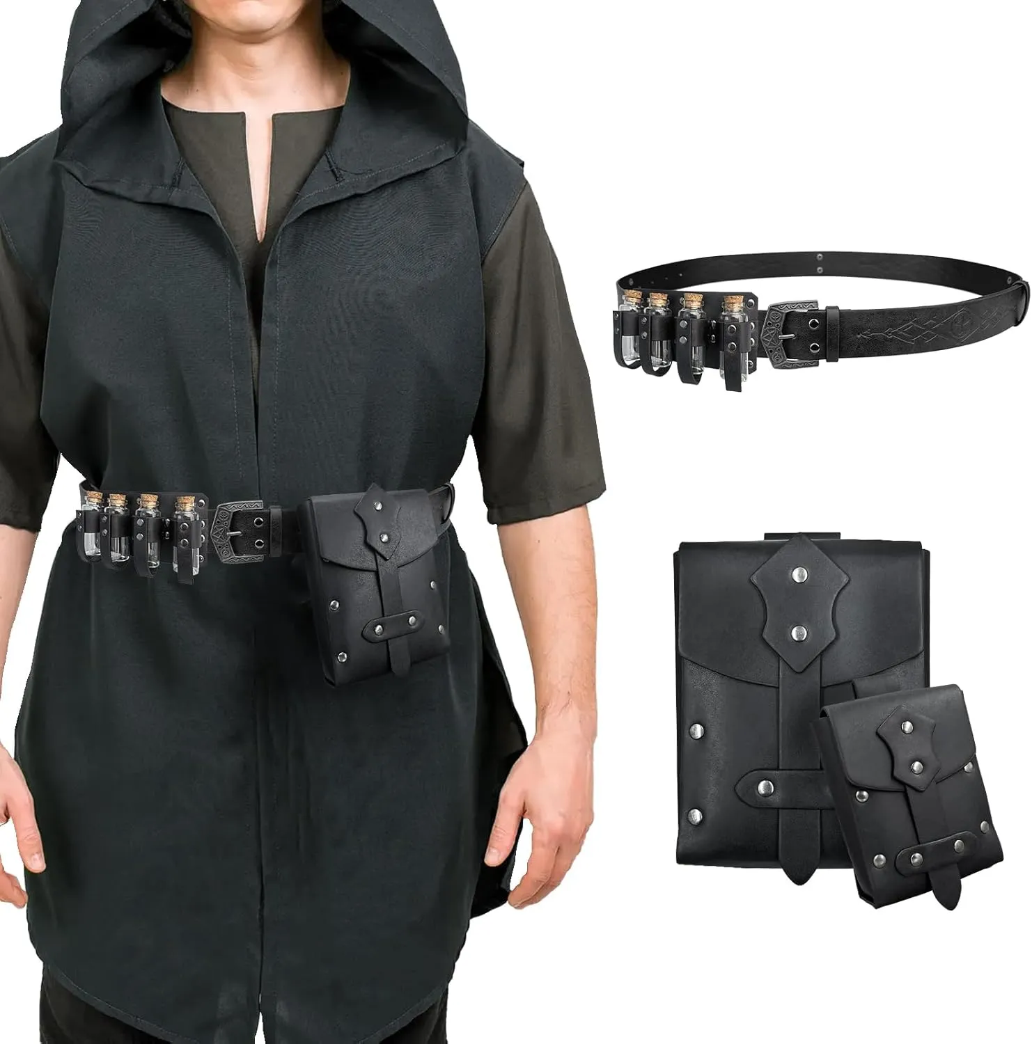 Medieval Alchemy Belt Waist Pack Combo with Multiple Potion Bottles, Viking Rivet Belt Side Pouch for Cosplay