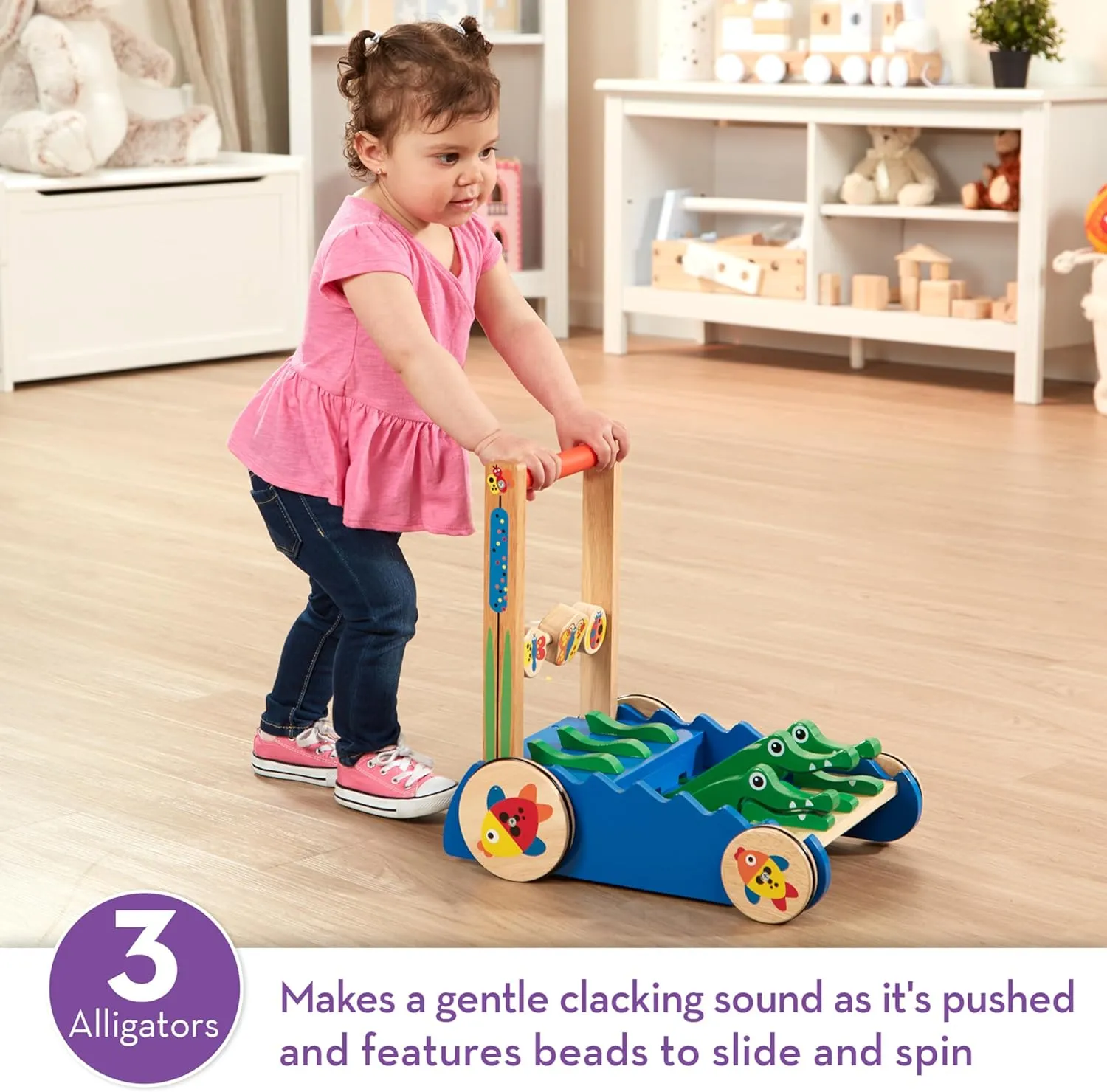 Melissa & Doug Deluxe Chomp and Clack Alligator Push Toy and Activity Walker - Wooden Baby Push Walker For Ages 1 