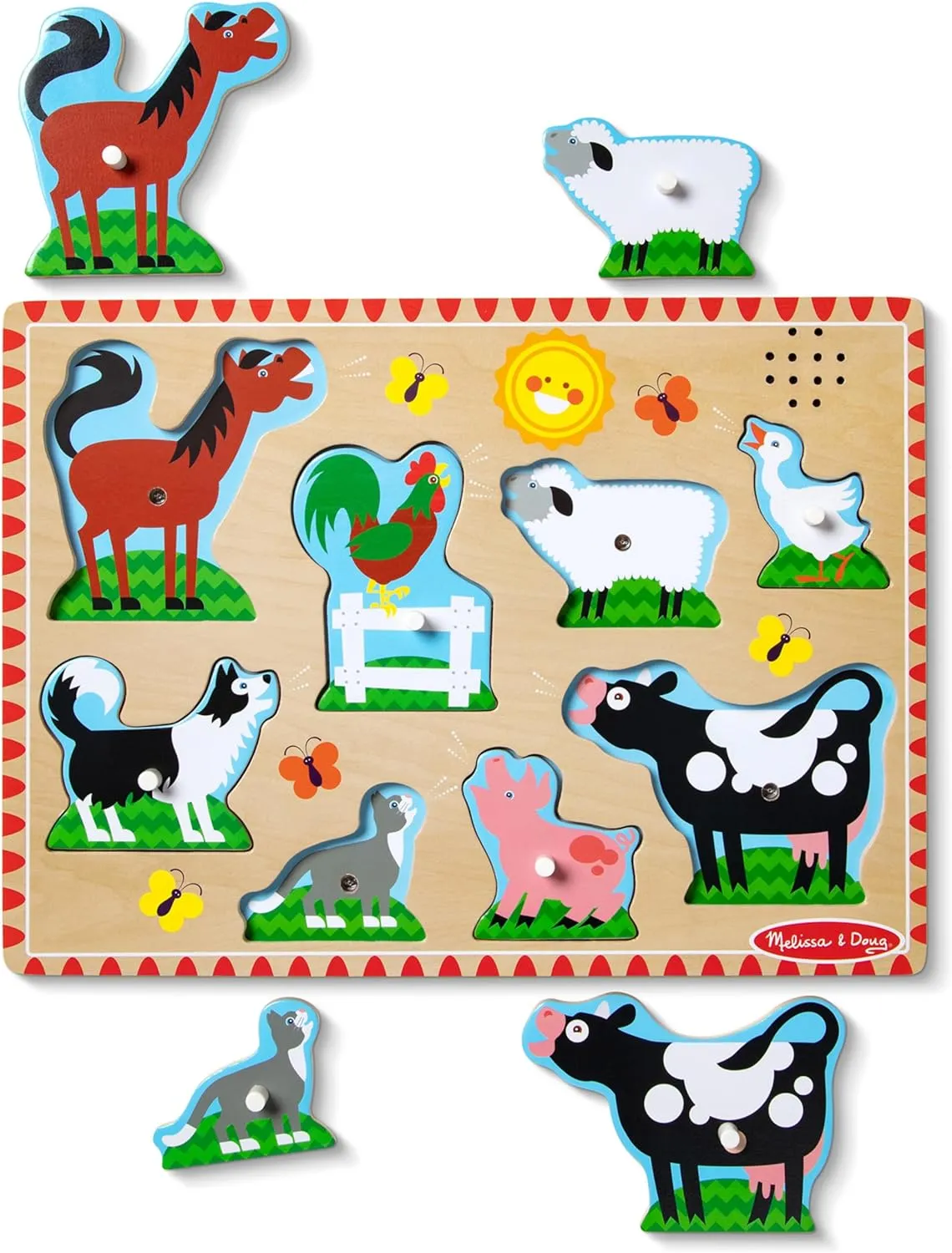 Melissa & Doug Farm Animals Sound Puzzle - Wooden Peg Puzzle With Sound Effects (8 pcs)