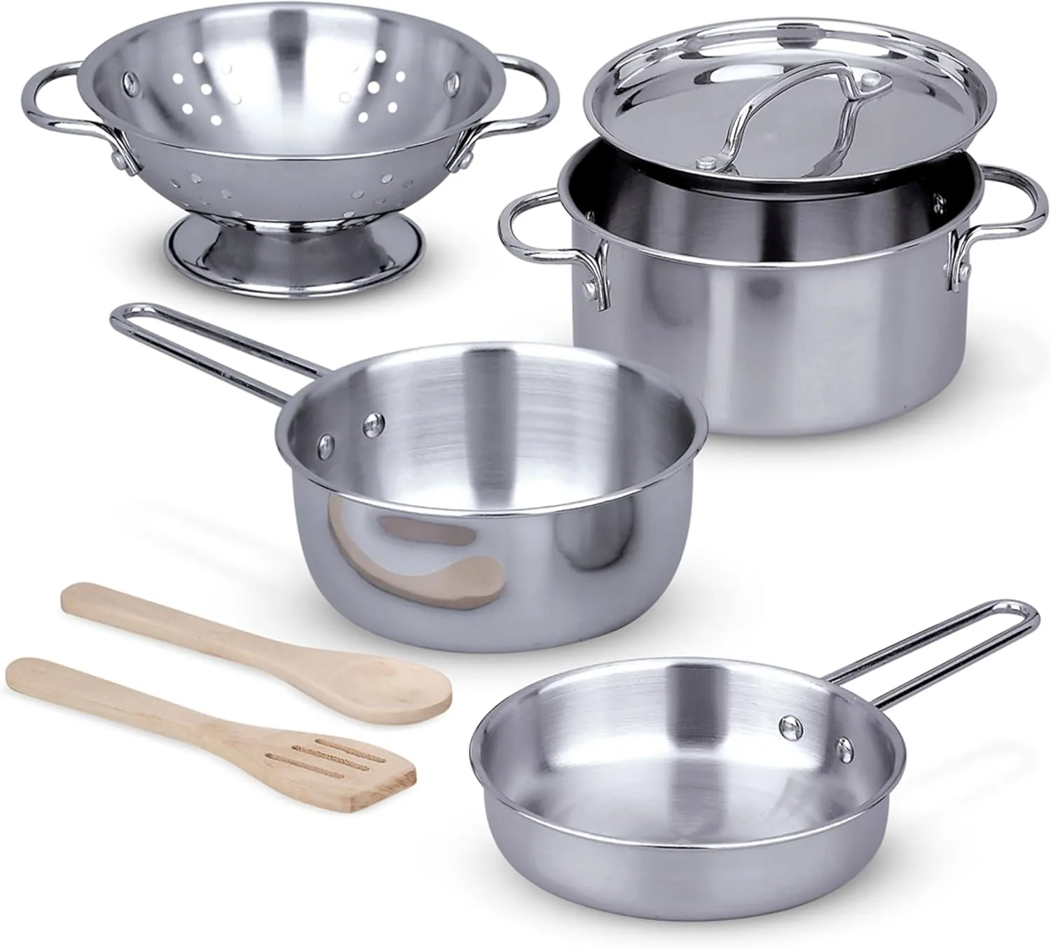 Melissa & Doug Stainless Steel Pots and Pans Pretend Play Kitchen Set for Kids (8 pcs)
