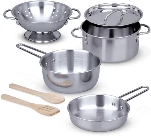 Melissa & Doug Stainless Steel Pots and Pans Pretend Play Kitchen Set for Kids (8 pcs)