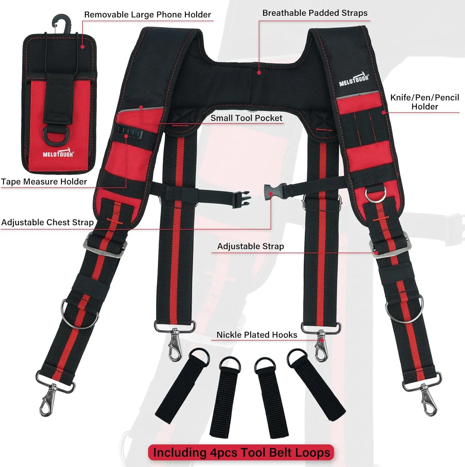 MELOTOUGH Tool Belt Suspenders Construction Bag Suspenders Padded Work Belt Hi Vis Suspenders for Carpenter/Electrician