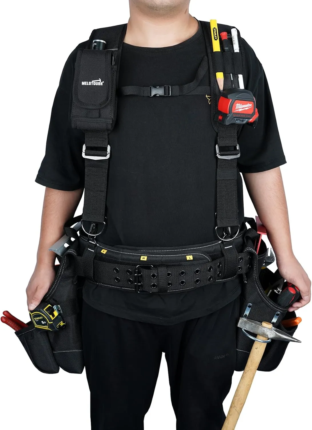 MELOTOUGH Tool Belt with Suspenders Tool Bag Supenders Framers Comb Apron Tool Belt Construction Tool Pouch Builder Heavy Duty Carpenter Suspension Rig for Electrician, Roofing,Contractor