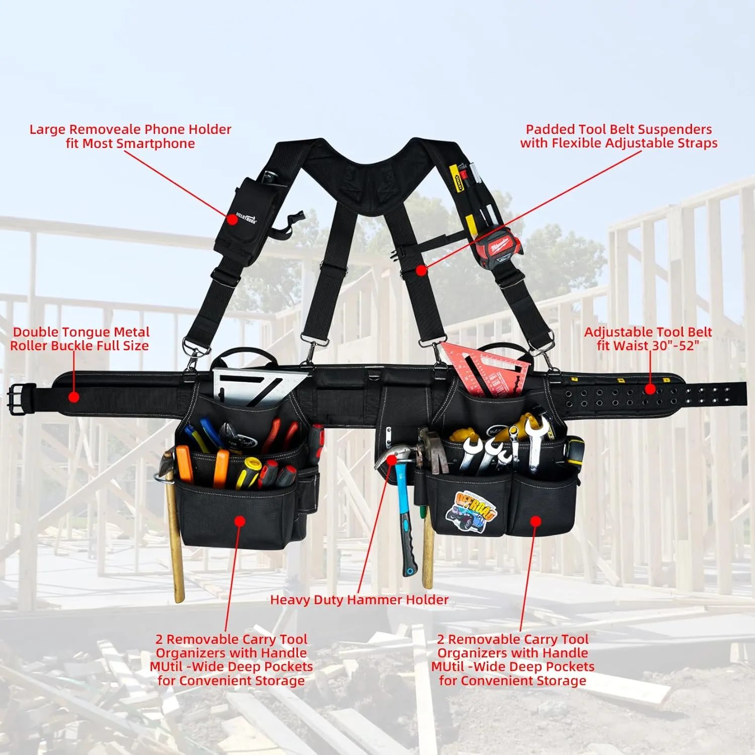 MELOTOUGH Tool Belt with Suspenders Tool Bag Supenders Framers Comb Apron Tool Belt Construction Tool Pouch Builder Heavy Duty Carpenter Suspension Rig for Electrician, Roofing,Contractor