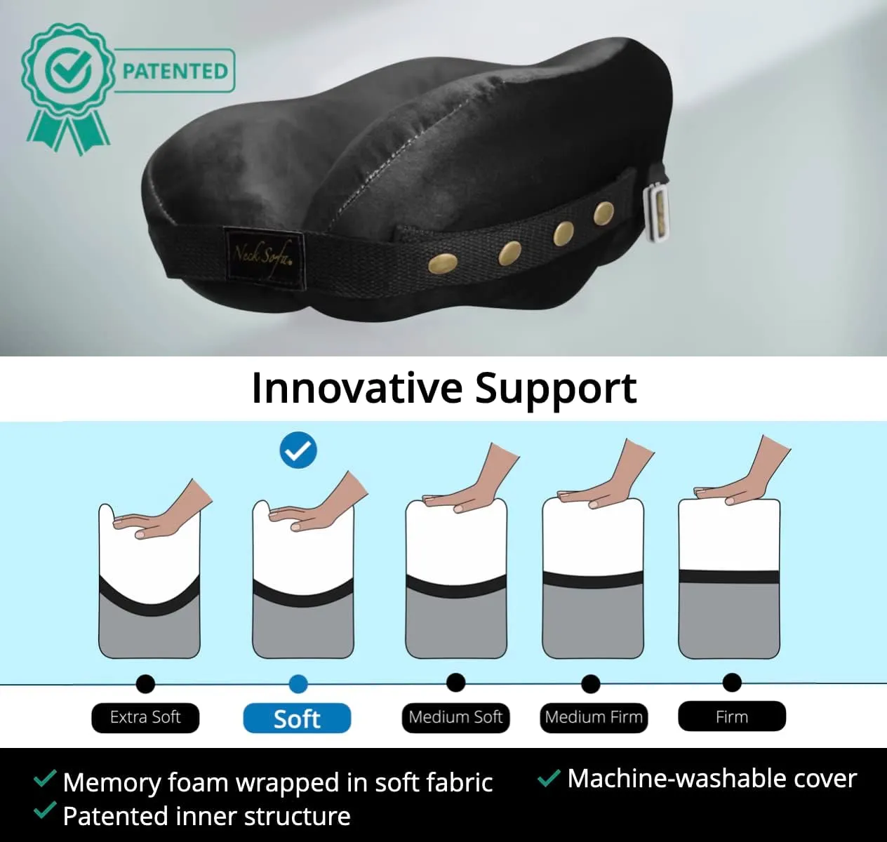 Memory Foam Neck Pillow, Chiropractor Cervical Support - Versatile Ergonomic Design for Sleeping, Airplane Flights, Car Travel, Orthopedic Pillow, Black