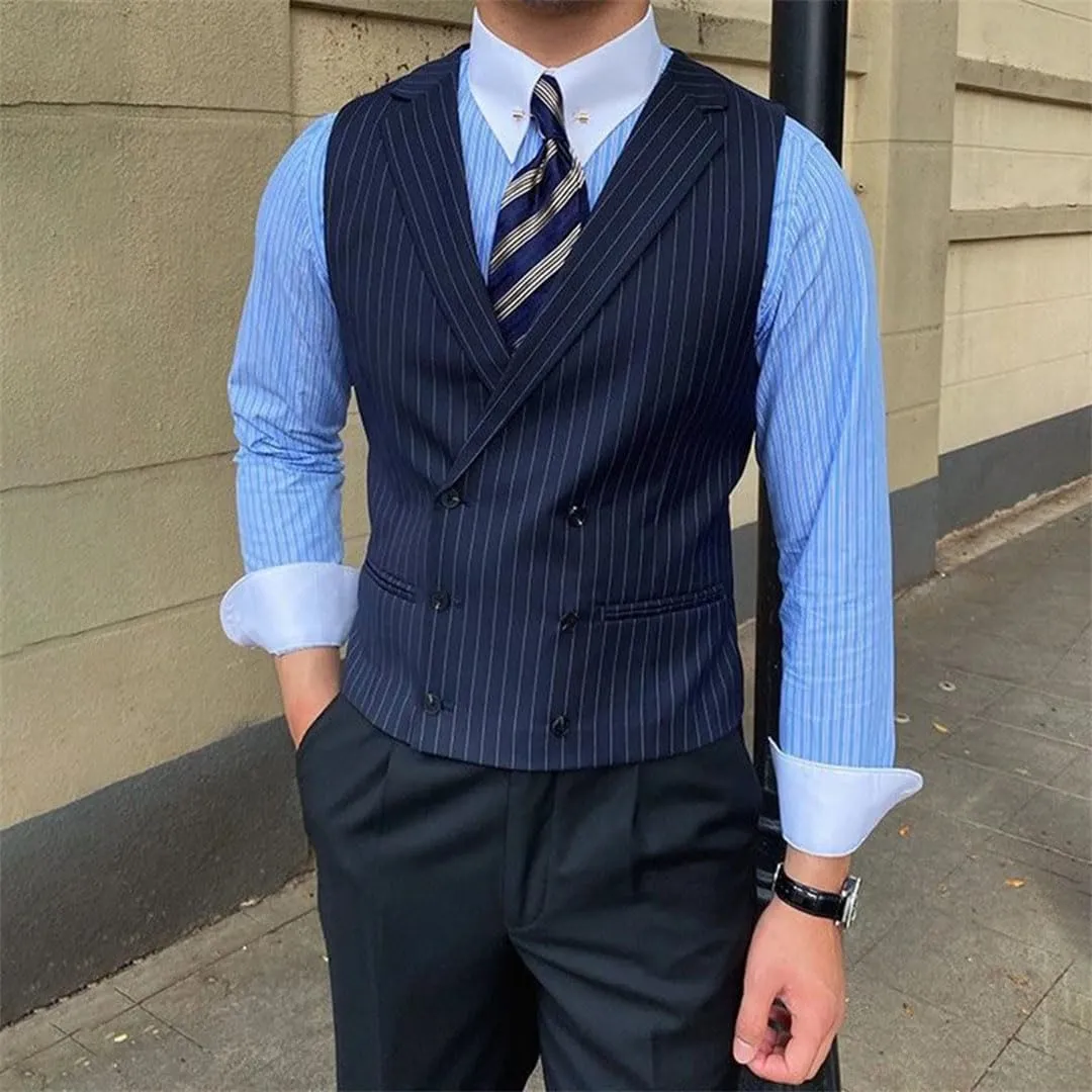 Men's British Style Business Striped Suit Vest Retro Double-Breasted Slim Lapel Men's Vest Retro Waistcoat