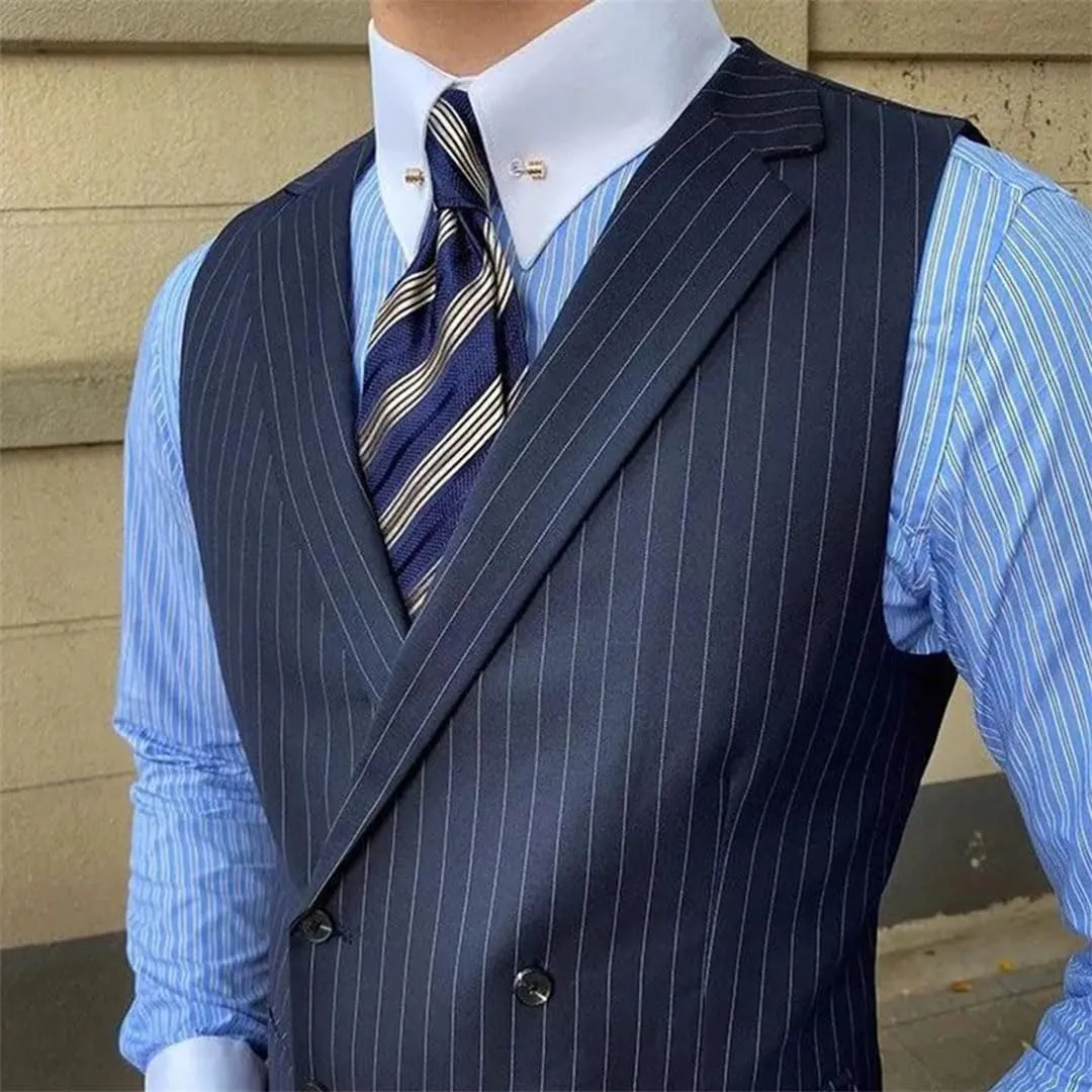 Men's British Style Business Striped Suit Vest Retro Double-Breasted Slim Lapel Men's Vest Retro Waistcoat
