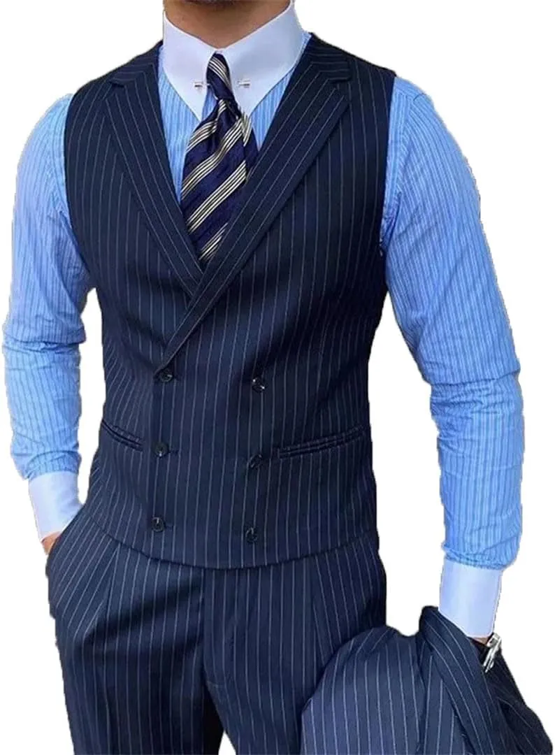 Men's British Style Business Striped Suit Vest Retro Double-Breasted Slim Lapel Men's Vest Retro Waistcoat