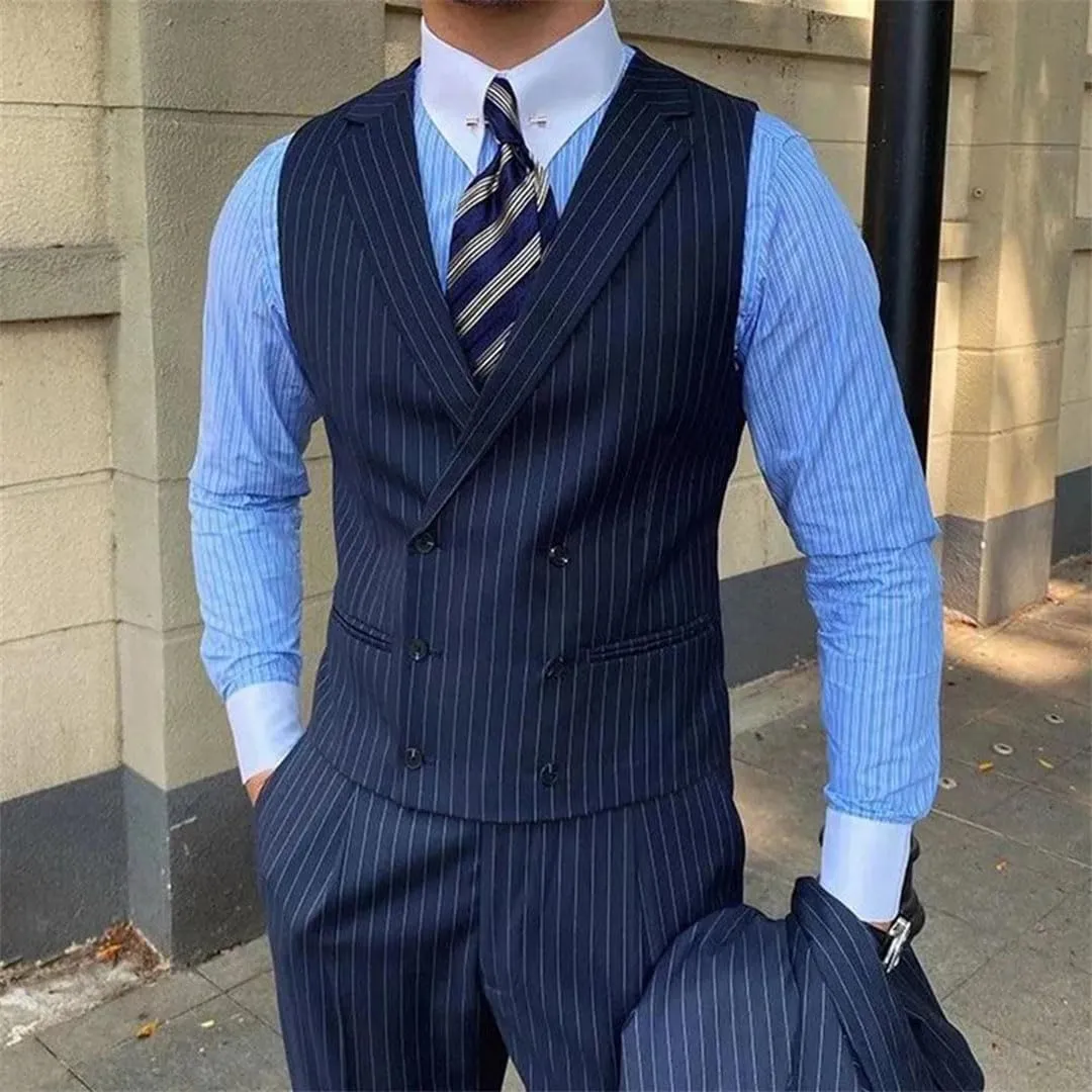 Men's British Style Business Striped Suit Vest Retro Double-Breasted Slim Lapel Men's Vest Retro Waistcoat
