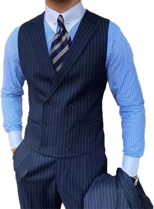 Men's British Style Business Striped Suit Vest Retro Double-Breasted Slim Lapel Men's Vest Retro Waistcoat