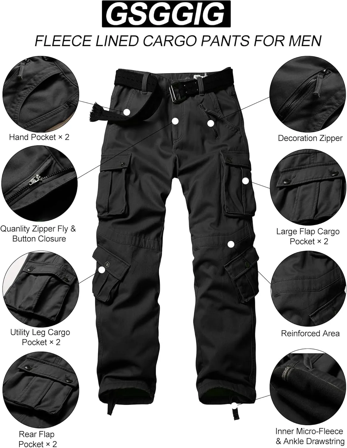 Men's Fleece Lined Hiking Pants, Winter Camo Cargo Pants Army Casual Work Ski Pants for Men with 8 Pockets No Belt
