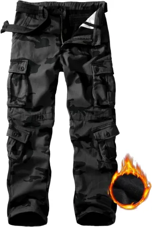 Men's Fleece Lined Hiking Pants, Winter Camo Cargo Pants Army Casual Work Ski Pants for Men with 8 Pockets No Belt