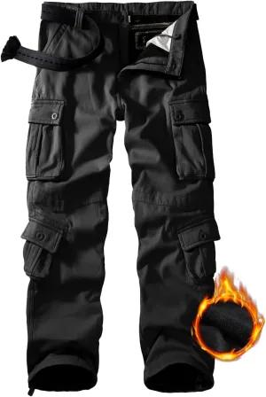 Men's Fleece Lined Hiking Pants, Winter Camo Cargo Pants Army Casual Work Ski Pants for Men with 8 Pockets No Belt