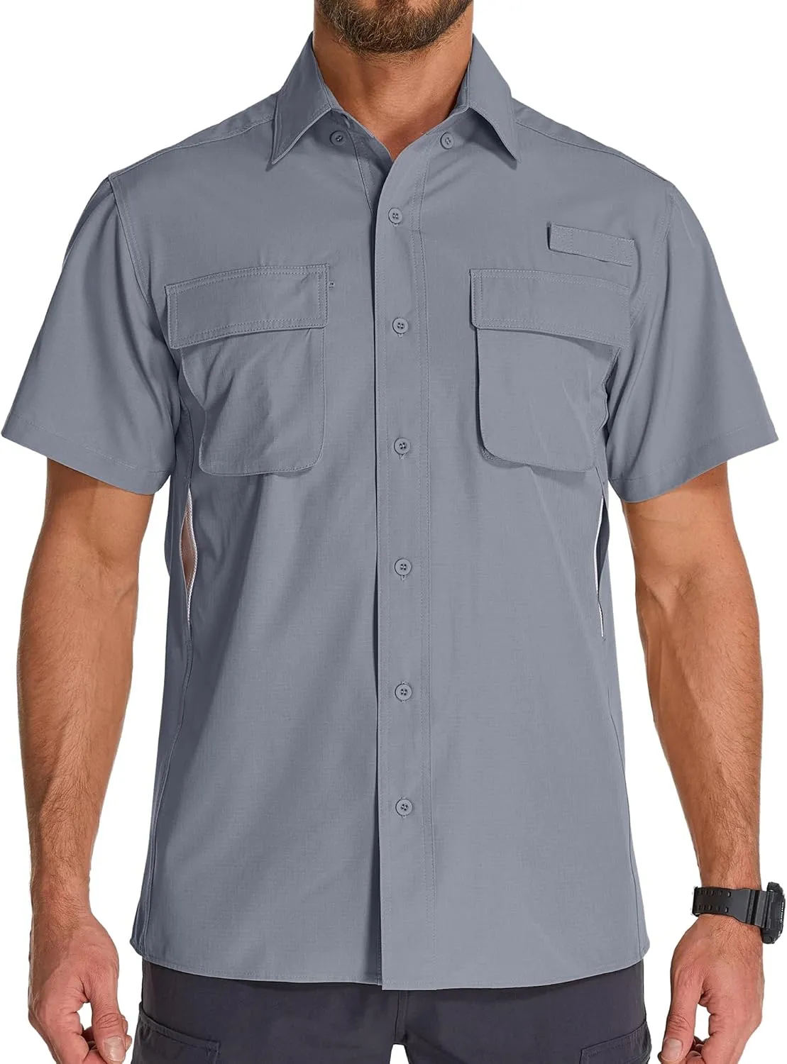 Mens UPF 50  Sun Protection Short Sleeve Quick Dry Fishing Safari Hiking Shirt with Zipper Pocket Lightweight Cooling