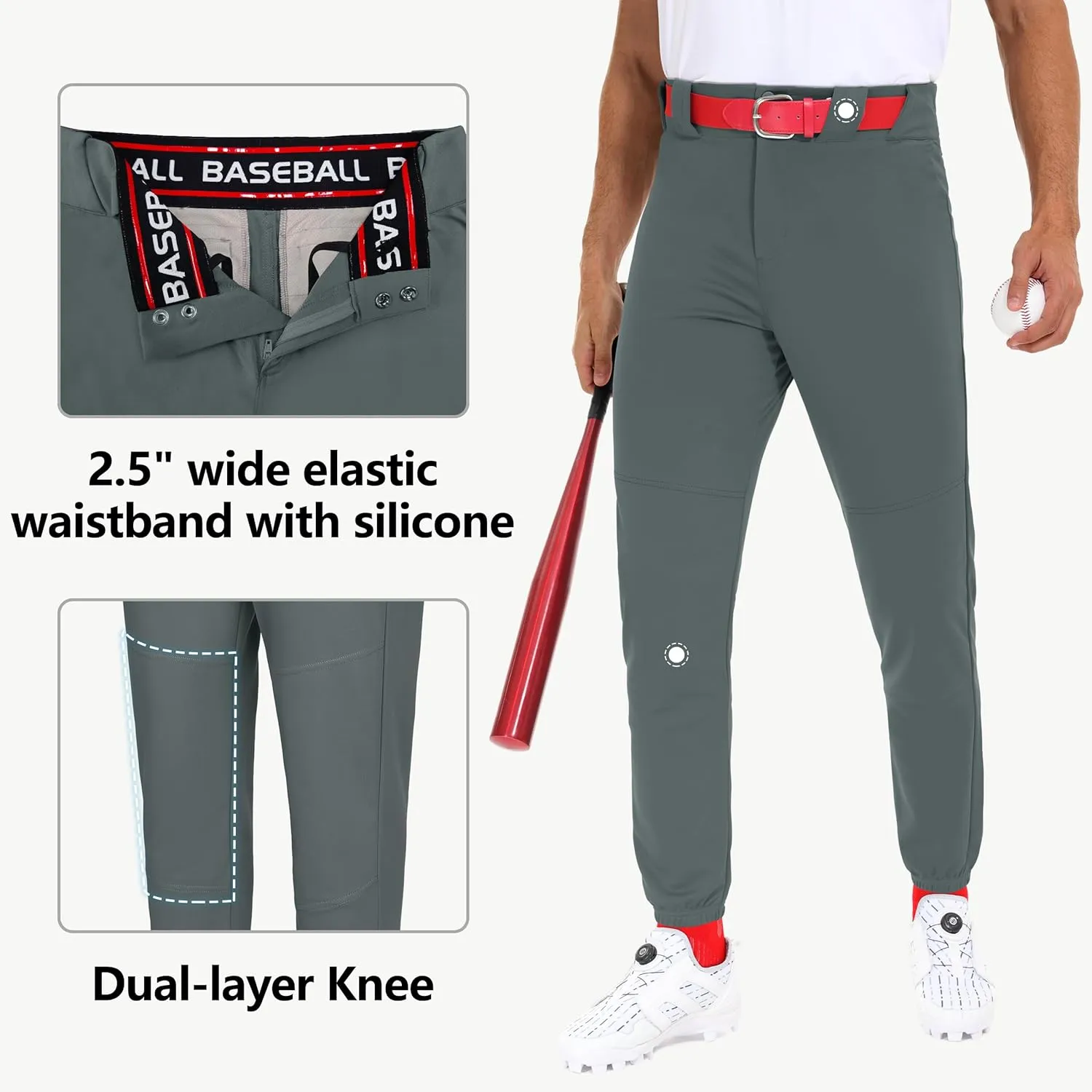 Men's Utility Baseball Pants - Tapered Jogger Fit Adult Training Tweeners Pants Dual-Layer Knees