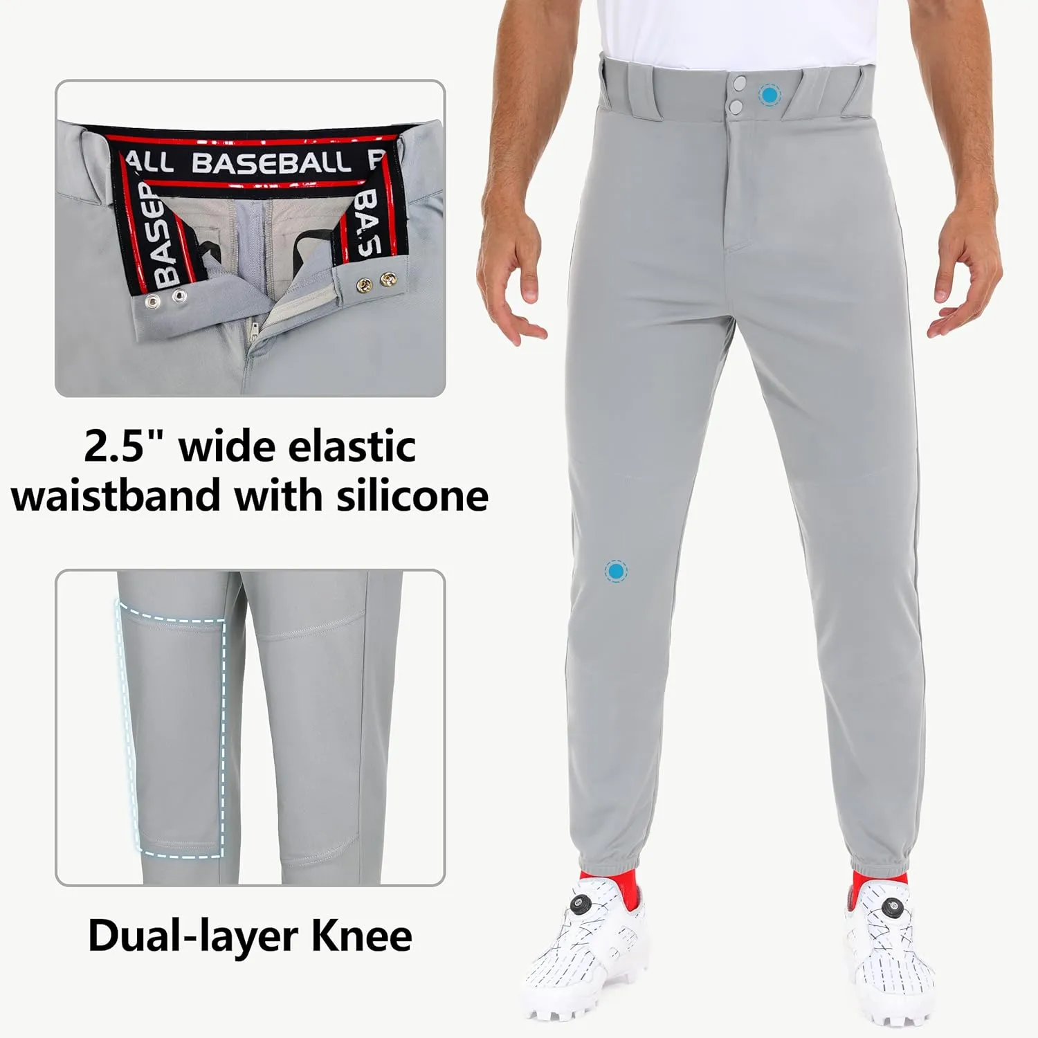 Men's Utility Baseball Pants - Tapered Jogger Fit Adult Training Tweeners Pants Dual-Layer Knees