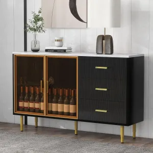 Merax Modern Wood Buffet Sideboard Cabinet with Marble Sticker Tabletop and Amber-Yellow Tempered Glass Doors with Gold Metal Legs & Handles (Black)