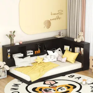 Merax Wood Twin Size Daybed with Storage Cabinets and USB Ports,L-Shaped Bookcases,Espresso