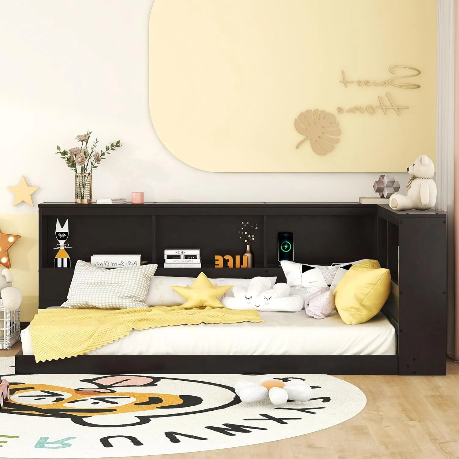 Merax Wood Twin Size Daybed with Storage Cabinets and USB Ports,L-Shaped Bookcases,Espresso