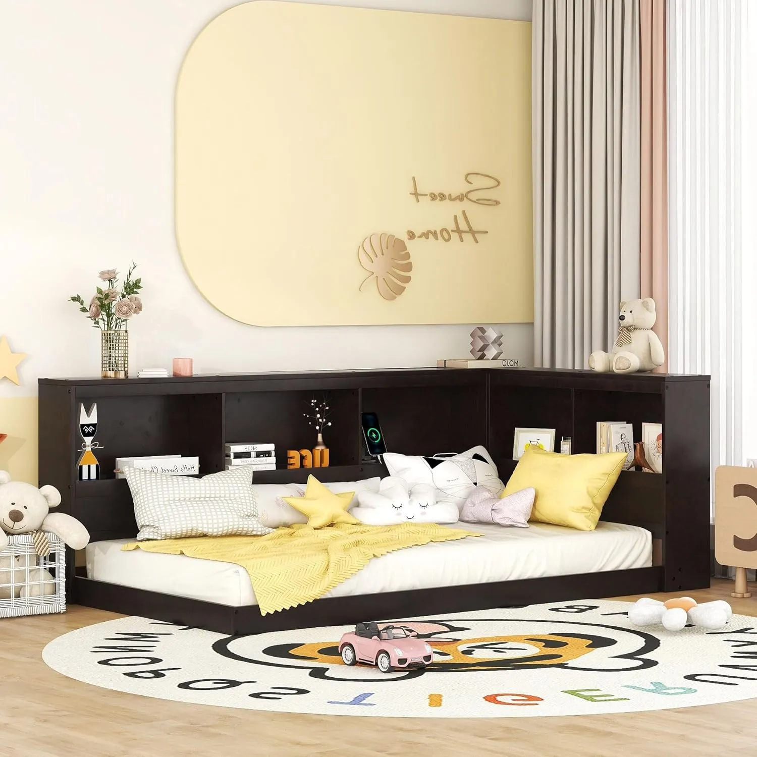 Merax Wood Twin Size Daybed with Storage Cabinets and USB Ports,L-Shaped Bookcases,Espresso