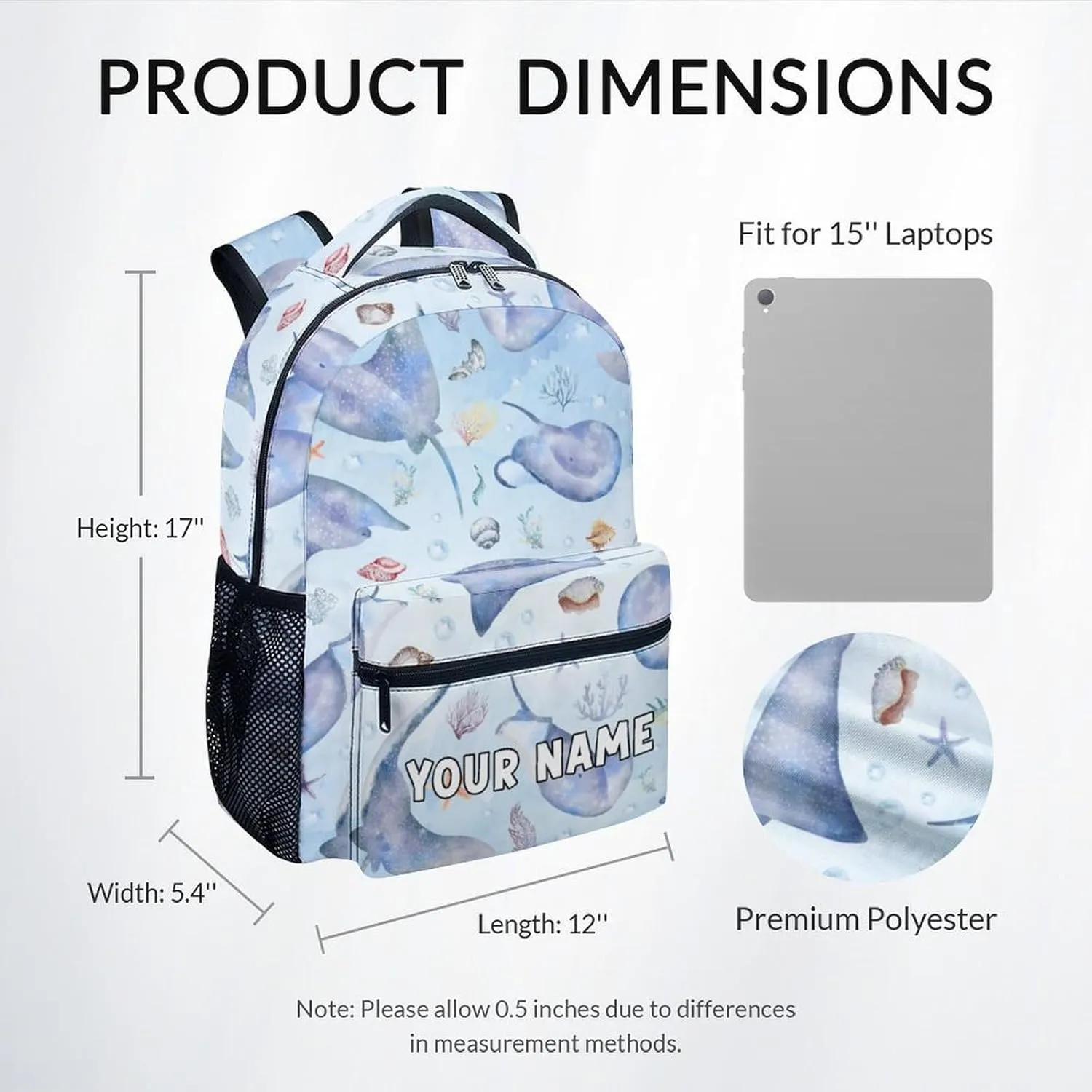 Mercuryelf Kids Backpack - Custom Stingray Kid Backpack for School, Travel - Cute Sea Bookbag for Boys Girls - 17 Inch School Bag for Primary Middle College