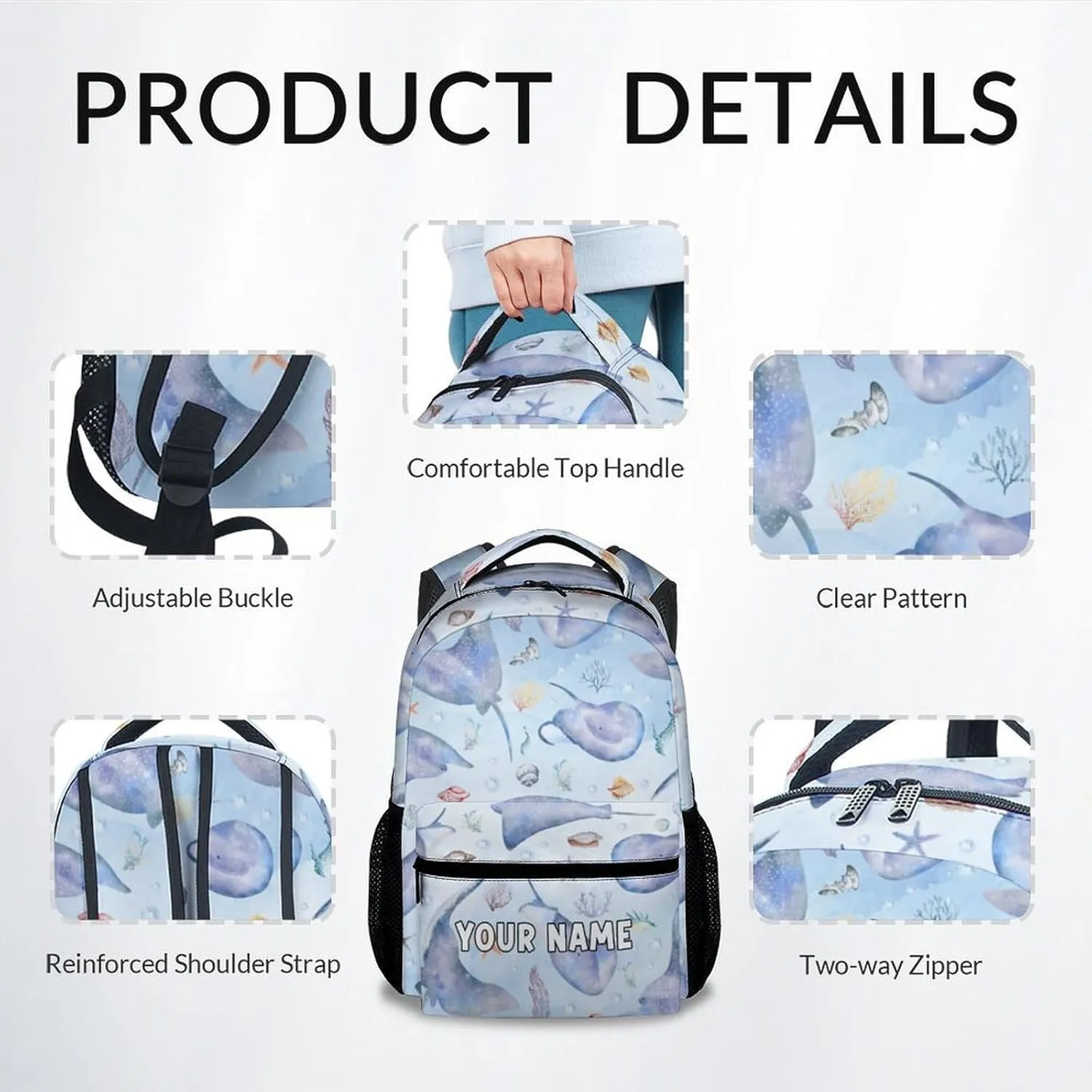 Mercuryelf Kids Backpack - Custom Stingray Kid Backpack for School, Travel - Cute Sea Bookbag for Boys Girls - 17 Inch School Bag for Primary Middle College