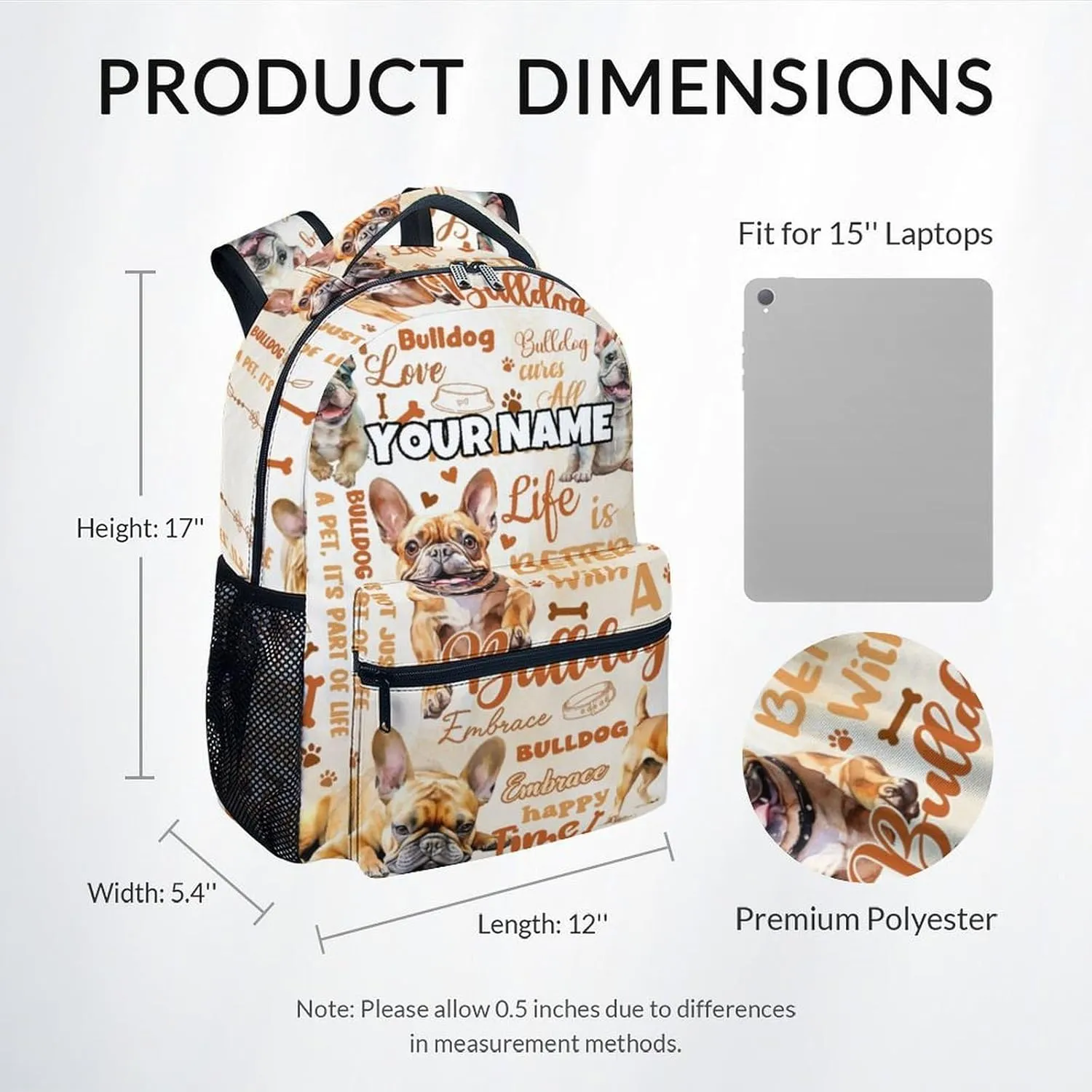 Mercuryelf Kids Bookbag - Personalized Dog Backpack for Boys Girls - 17 Inch Bulldogs Backpack for Primary Middle - Cute School Bag for Bulldogs Lovers