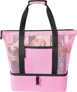 Mesh Beach Tote Bag - Large With Cooler, Waterproof Sandproof for Women, Swim Pool Travel Daily Use, Pink