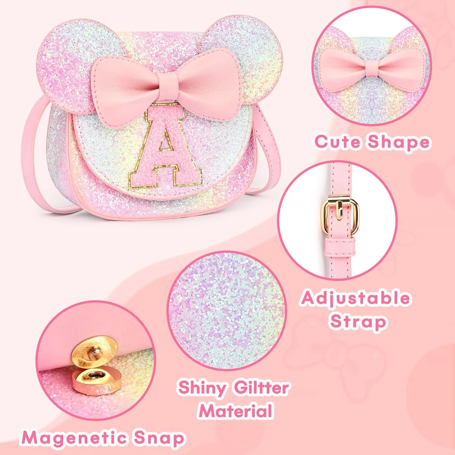 mibasies Toddler Purse Girl Gifts: Little Kids Gifts - Birthday Gifts for Girls 3-8 Mini Mouse Ears Bow Purse Glitter Rainbow C