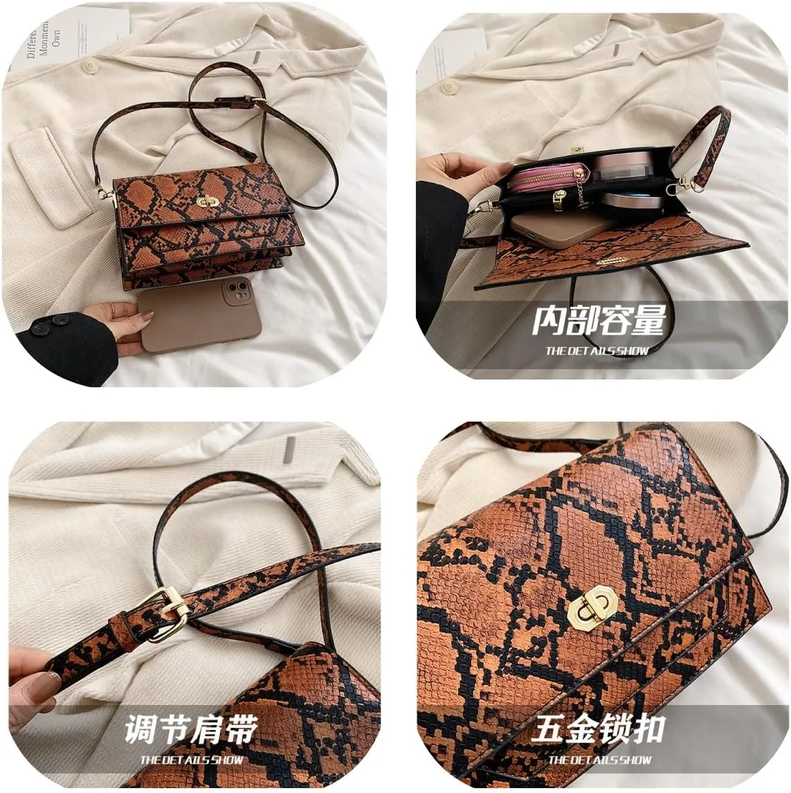 Mini Purses Shoulder Bag, Retro Snake Skin Print Lock Crossbody Bag Handbag for Working &Shopping