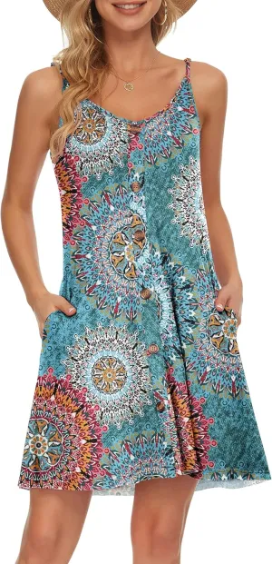 MISFAY Women Summer Spaghetti Strap Button Down V Neck Sleeveless Causal Beach Cover Up Dress with Pockets