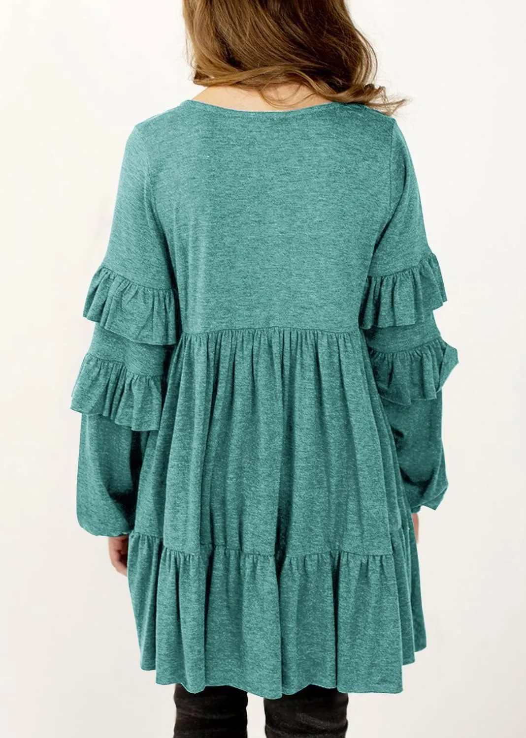MITILLY Girls Crewneck Ruffle Long Sleeve Loose Pleated Babydoll Blouse Tops with Pockets