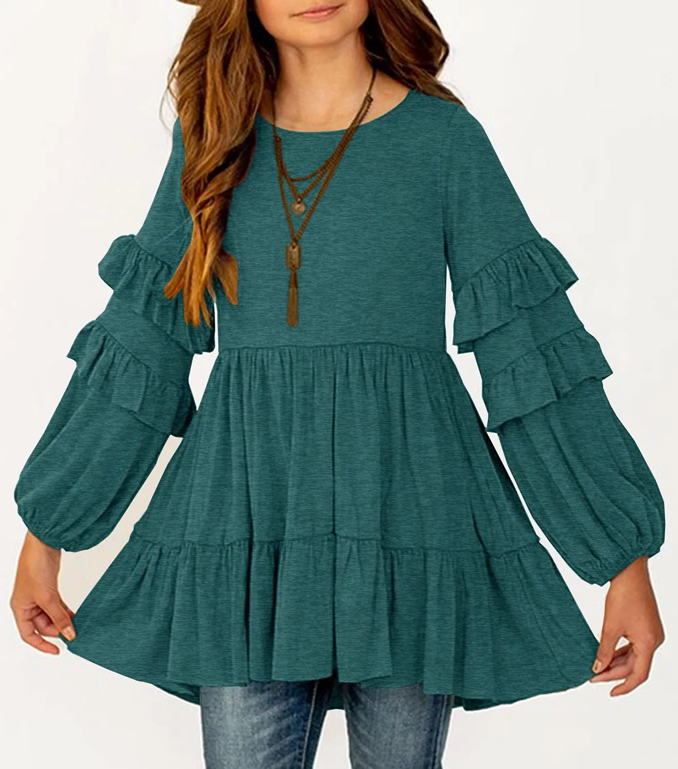 MITILLY Girls Crewneck Ruffle Long Sleeve Loose Pleated Babydoll Blouse Tops with Pockets