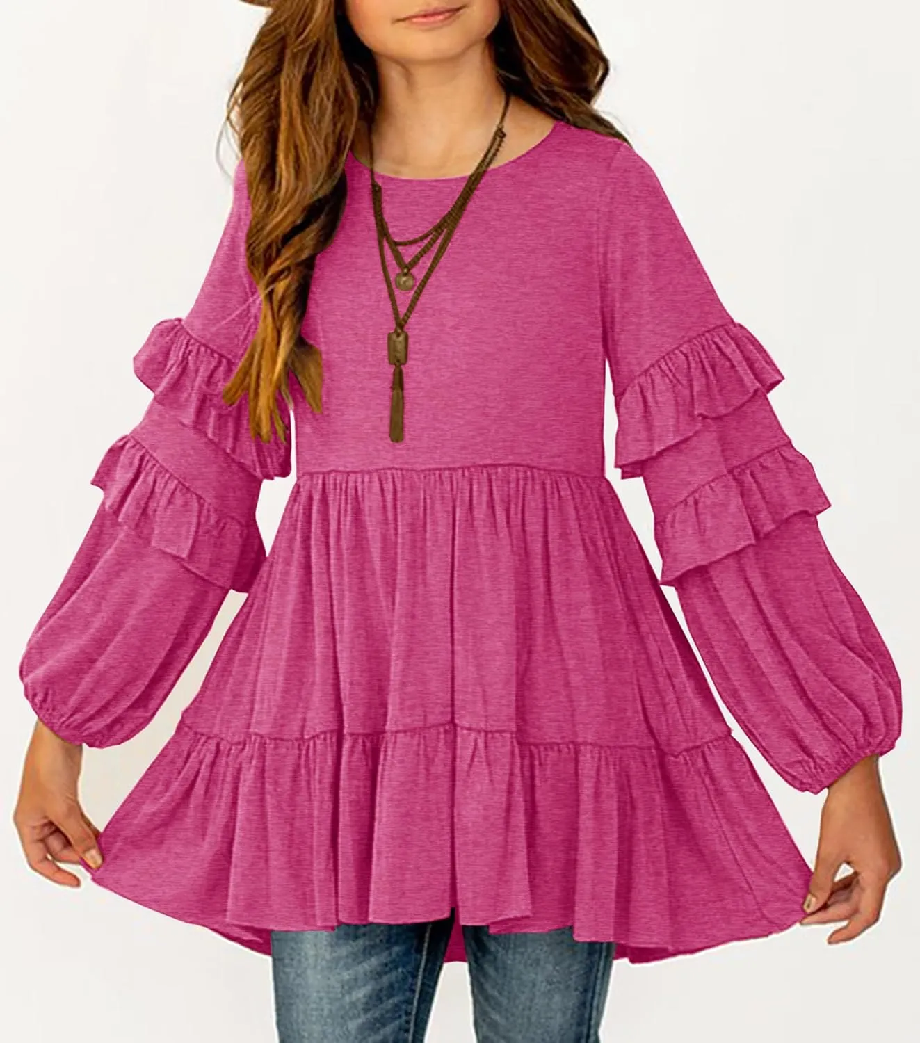 MITILLY Girls Crewneck Ruffle Long Sleeve Loose Pleated Babydoll Blouse Tops with Pockets