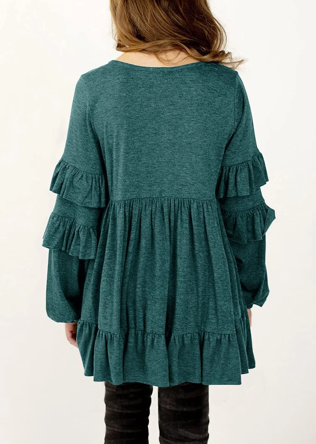 MITILLY Girls Crewneck Ruffle Long Sleeve Loose Pleated Babydoll Blouse Tops with Pockets
