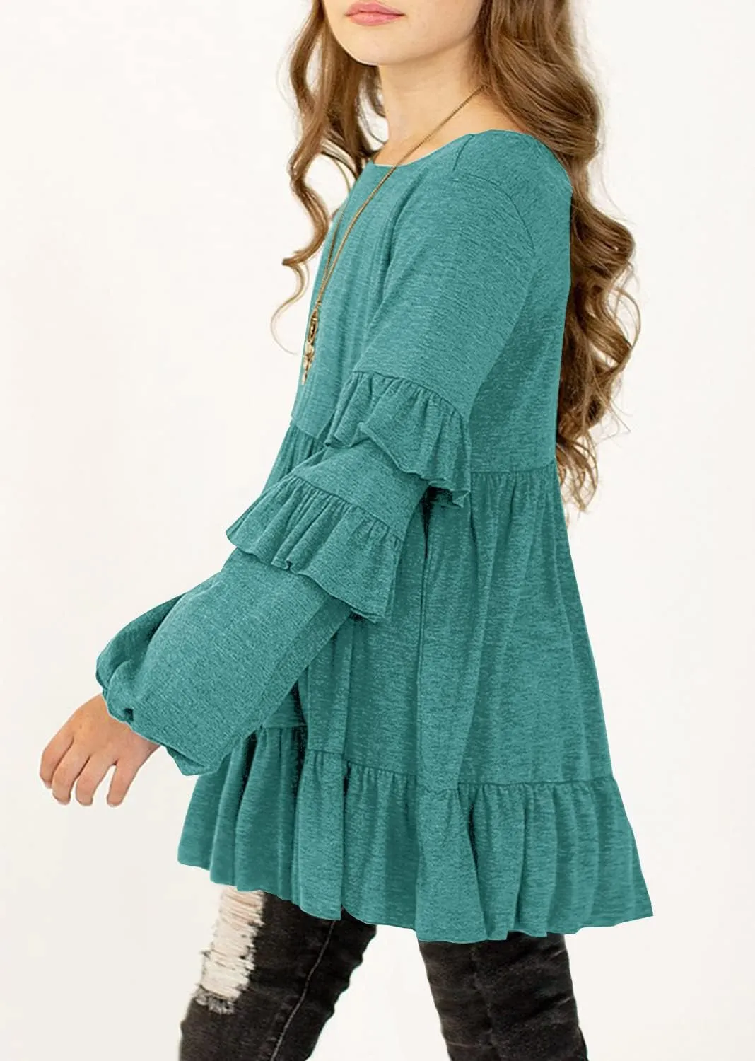 MITILLY Girls Crewneck Ruffle Long Sleeve Loose Pleated Babydoll Blouse Tops with Pockets