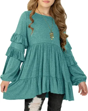 MITILLY Girls Crewneck Ruffle Long Sleeve Loose Pleated Babydoll Blouse Tops with Pockets
